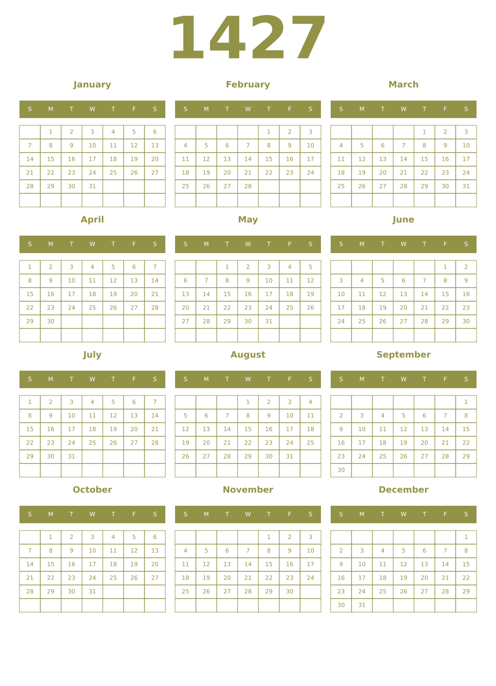 Printable 1427 Year Calendars eburnean