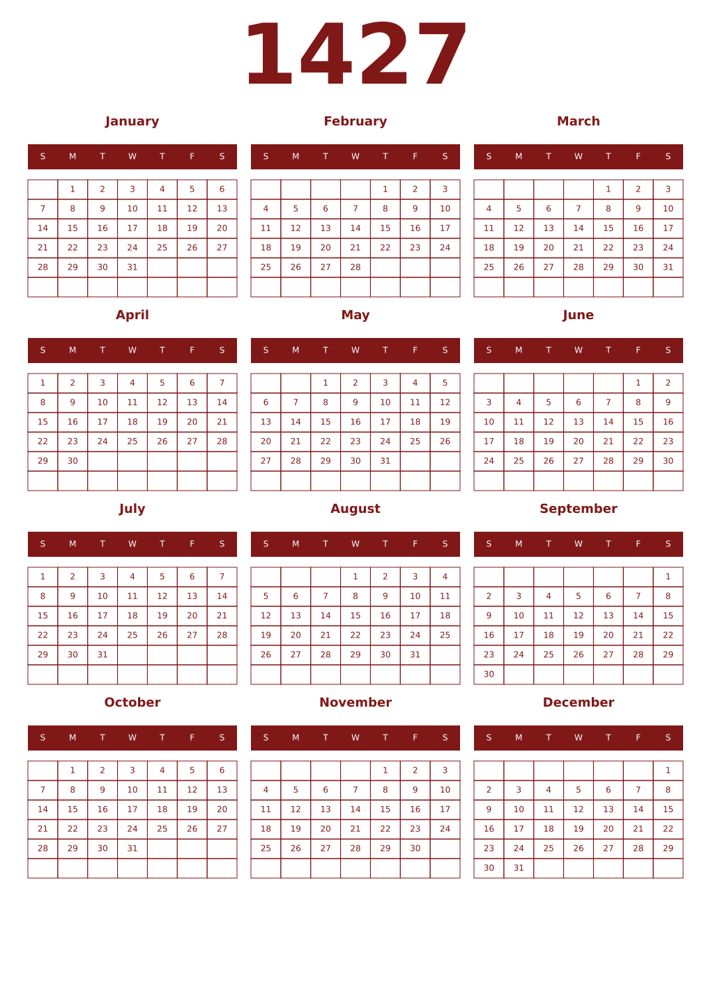 Printable 1427 Year Calendars falu