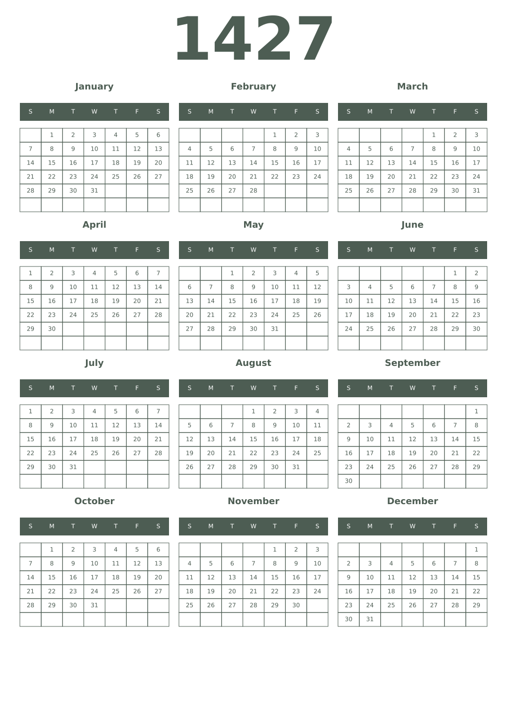 Printable 1427 Year Calendars feldgrau