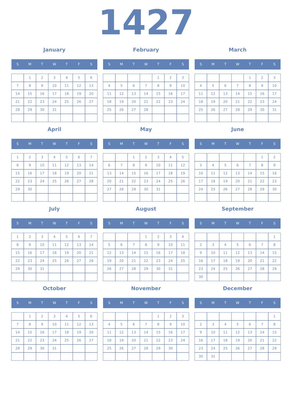 Printable 1427 Year Calendars glaucous