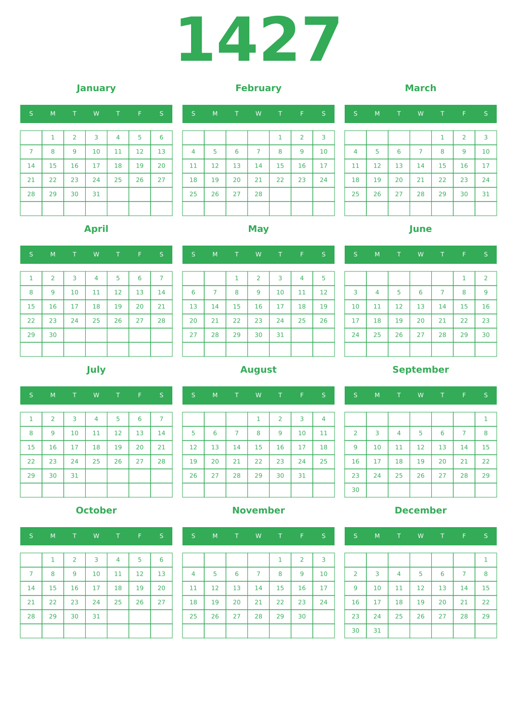 Printable 1427 Year Calendars green