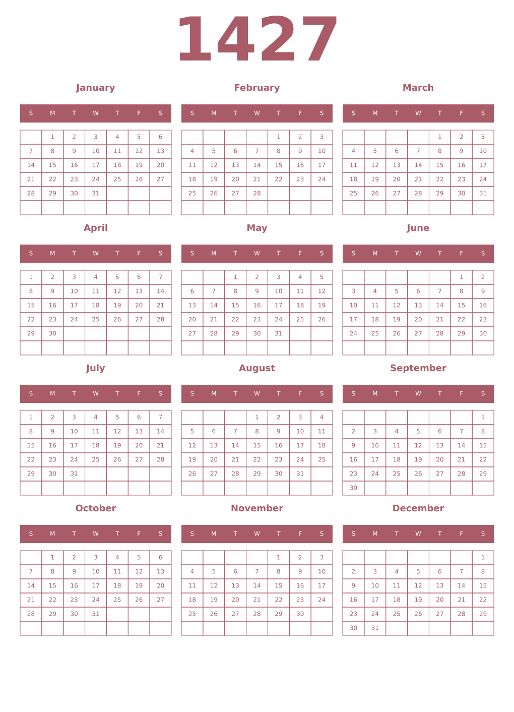 Printable 1427 Year Calendars puce