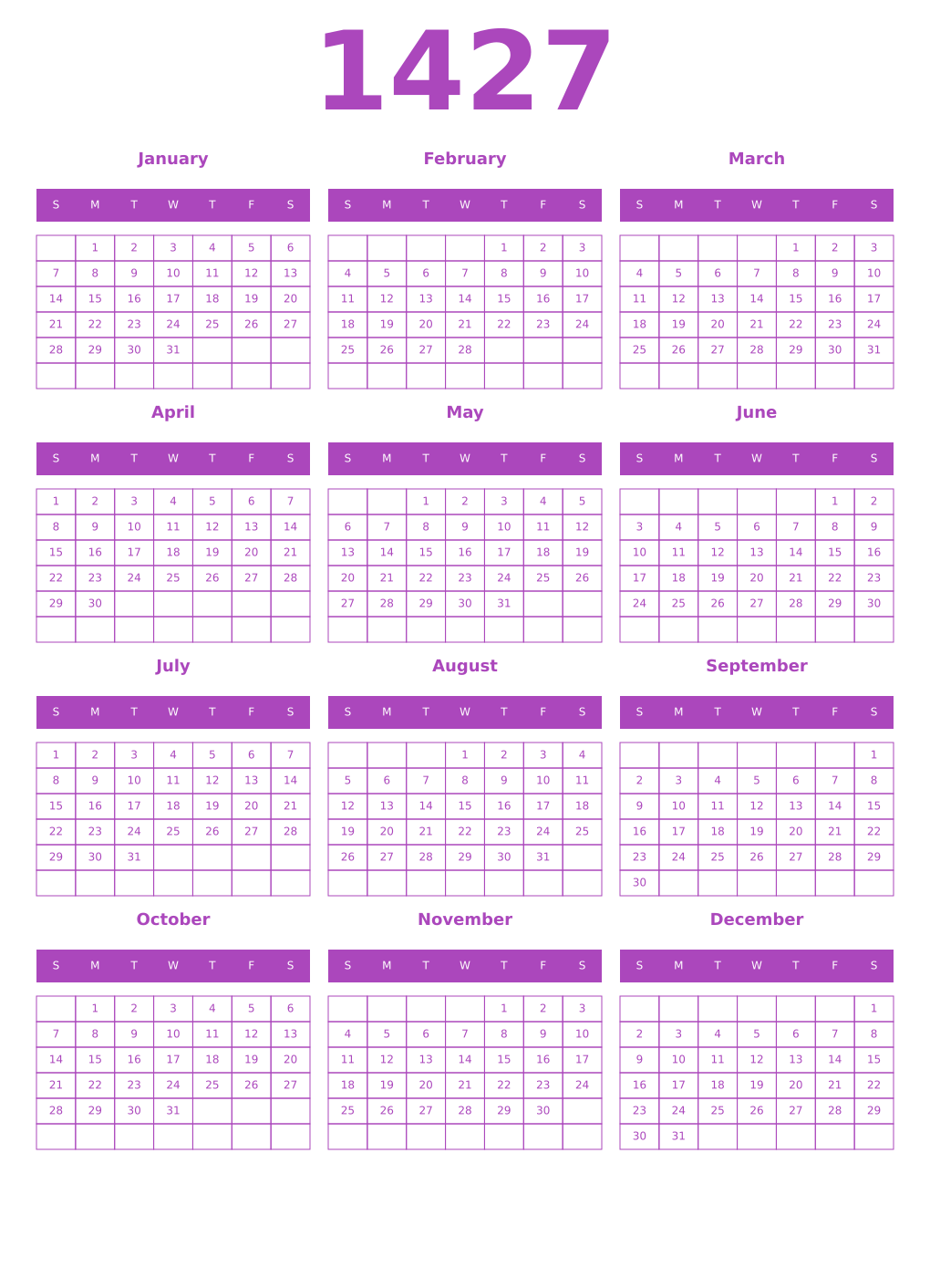 Printable 1427 Year Calendars purple