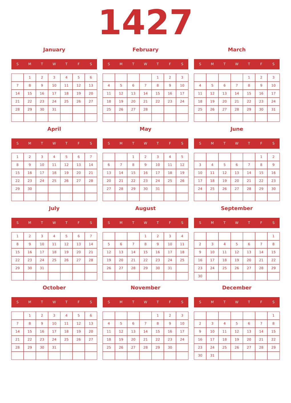 Printable 1427 Year Calendars red