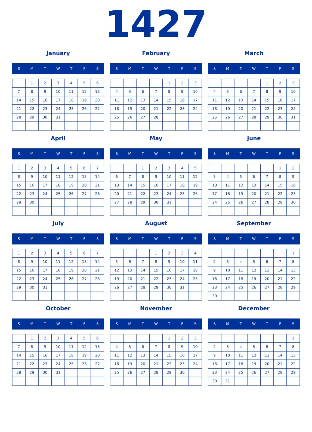 Printable 1427 Year Calendars smalt