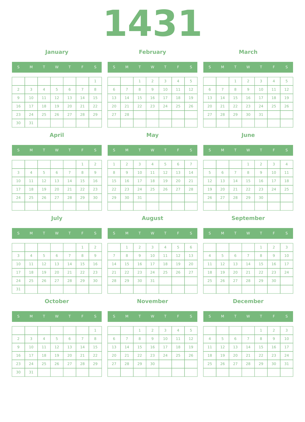 Printable 1431 Year Calendars celadon