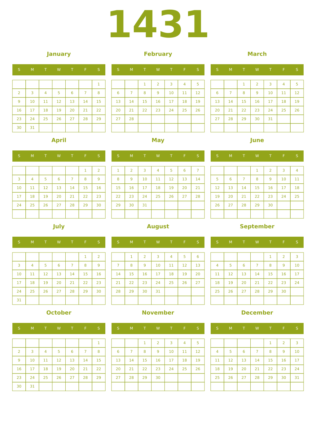 Printable 1431 Year Calendars chartreuse