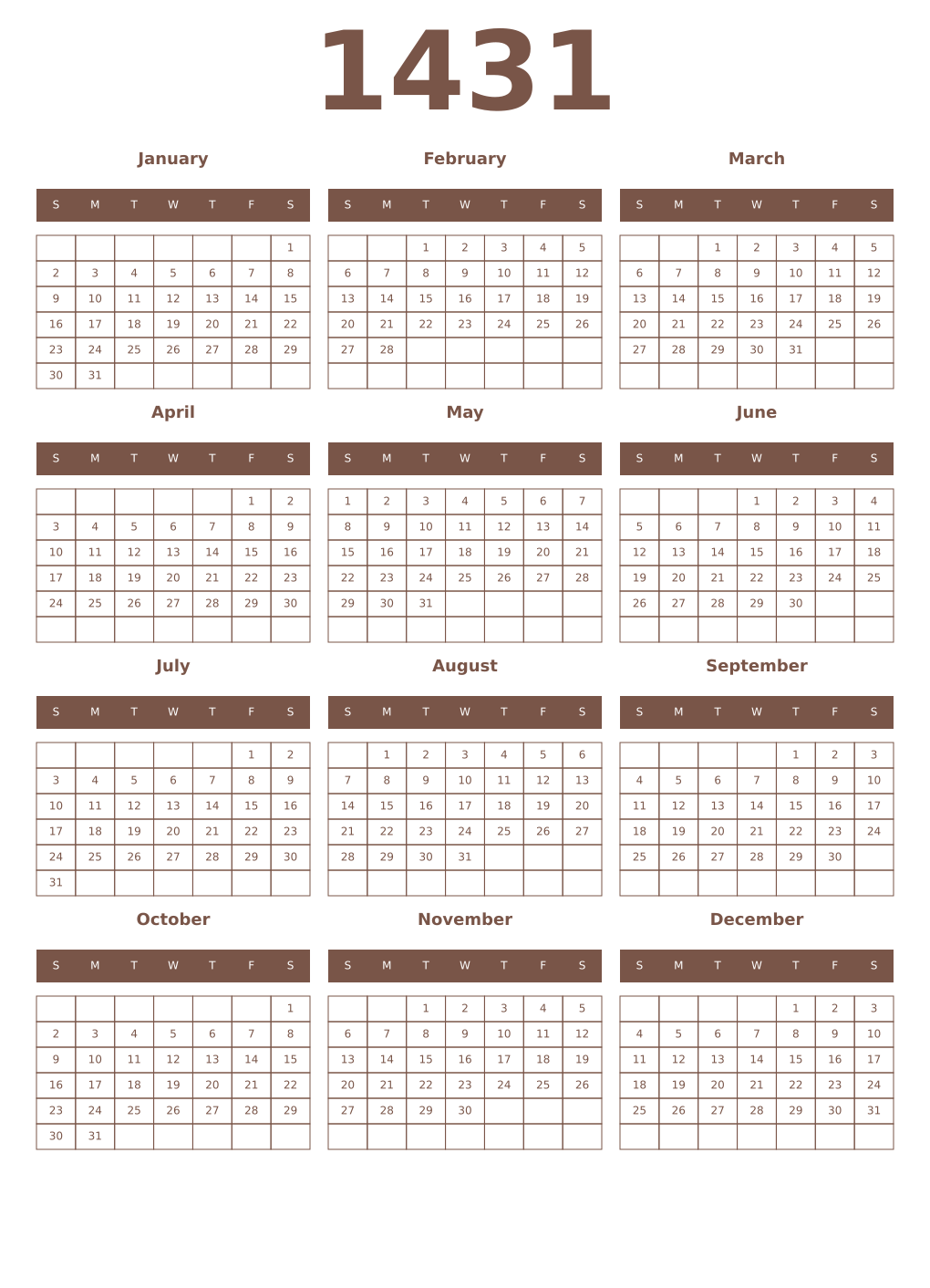 Printable 1431 Year Calendars coffe