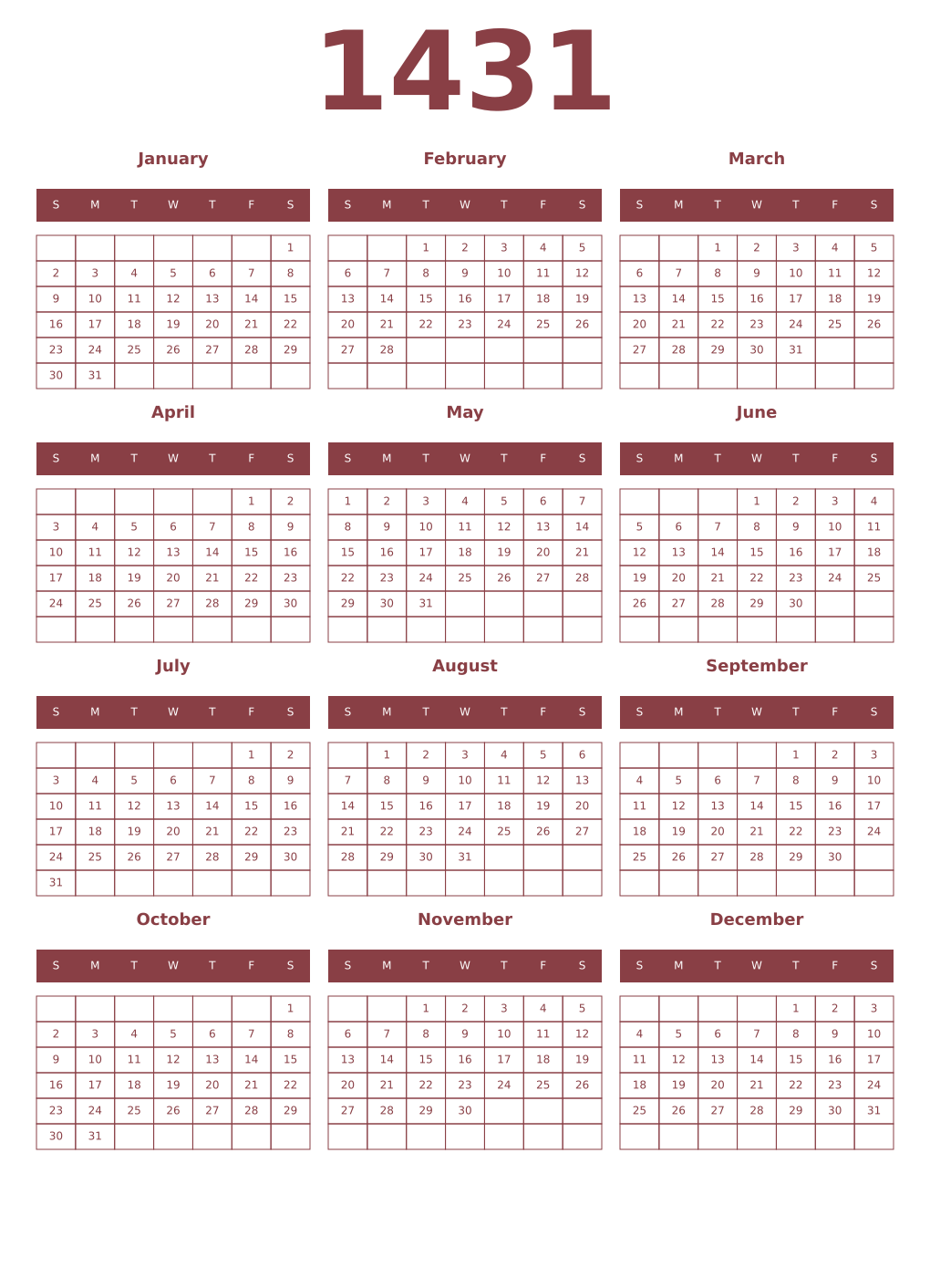 Printable 1431 Year Calendars cordovan