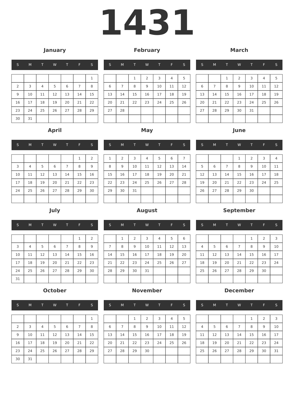 Printable 1431 Year Calendars dark