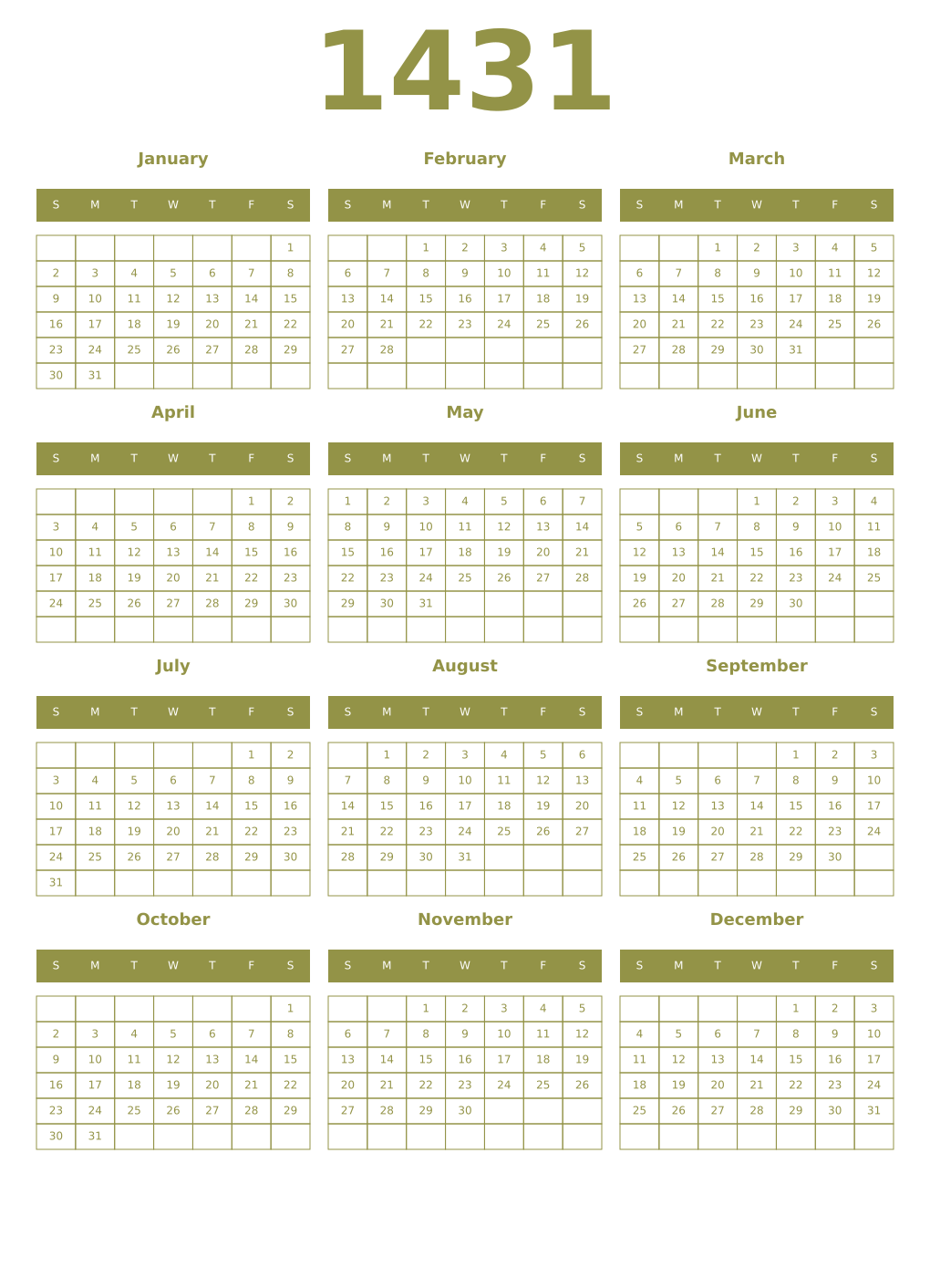 Printable 1431 Year Calendars eburnean