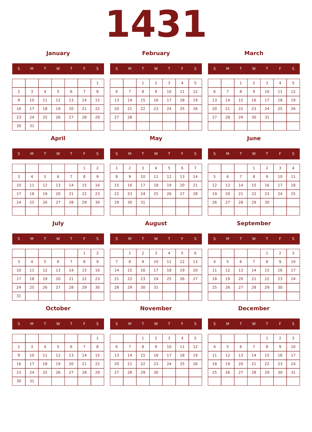 Printable 1431 Year Calendars falu