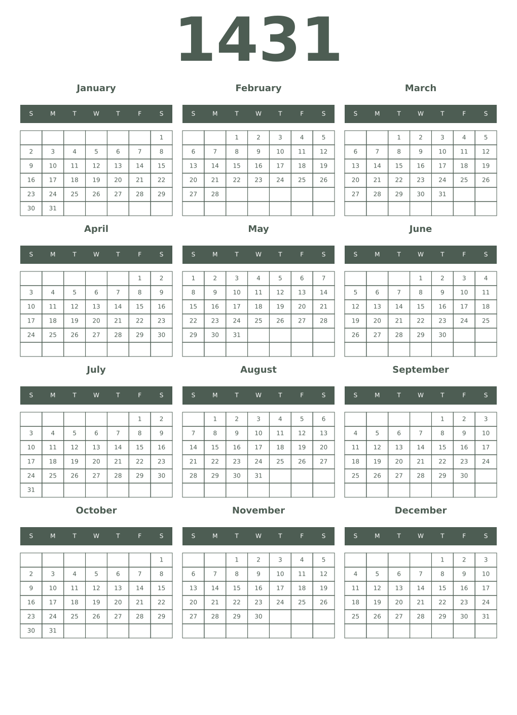 Printable 1431 Year Calendars feldgrau
