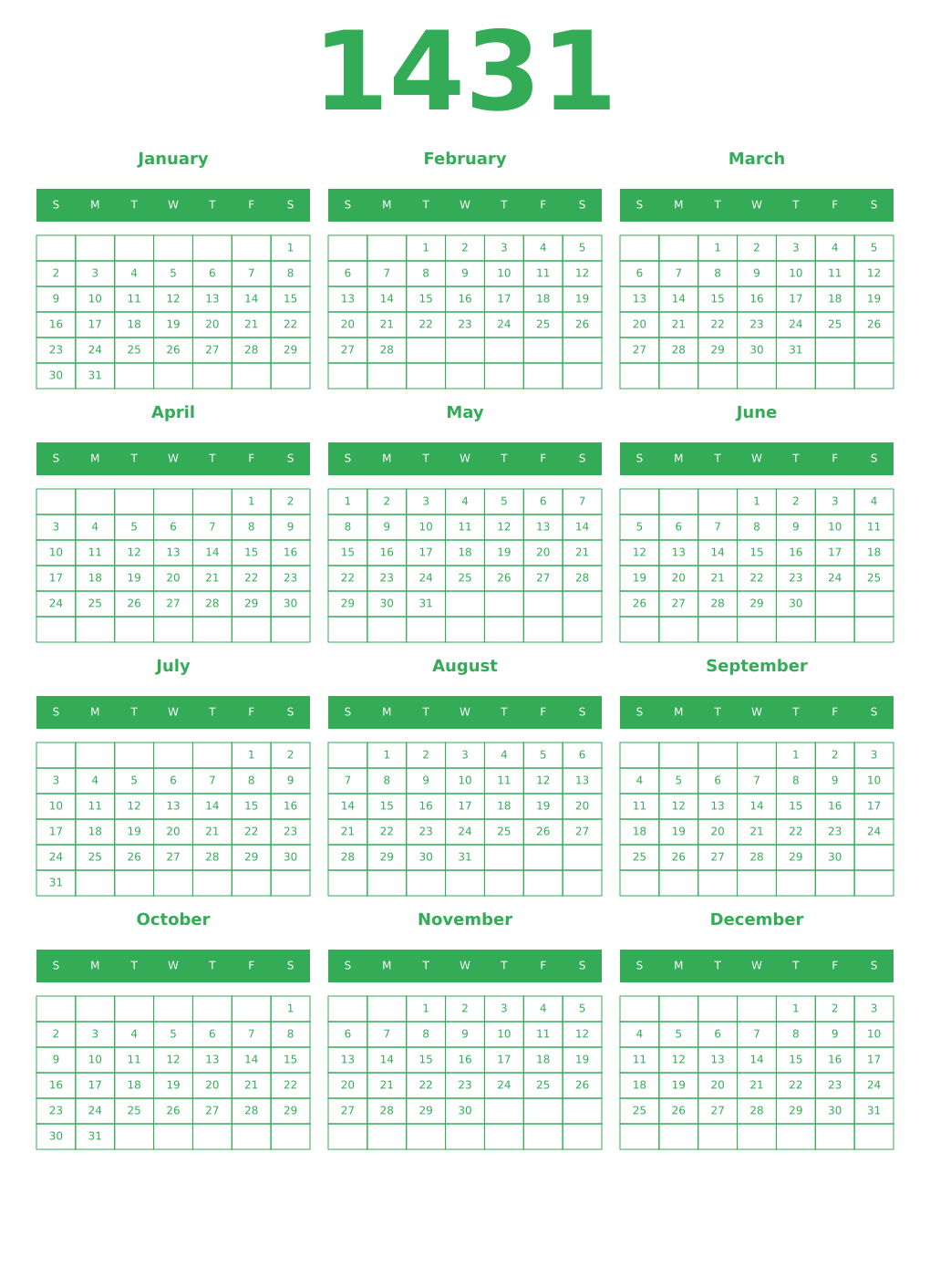 Printable 1431 Year Calendars green
