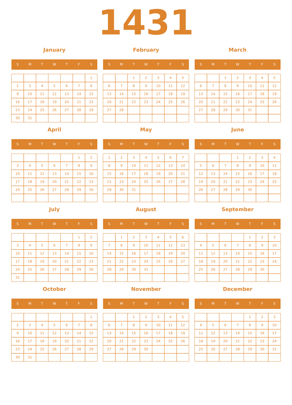 Printable 1431 Year Calendars orange