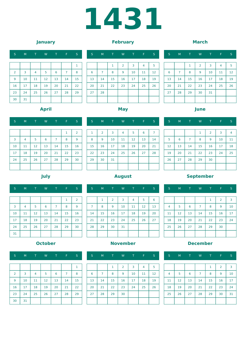 Printable 1431 Year Calendars pastel
