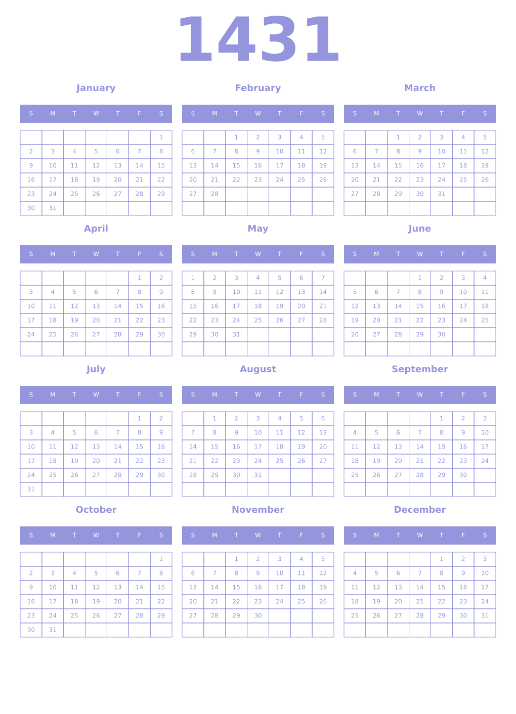 Printable 1431 Year Calendars periwinkle