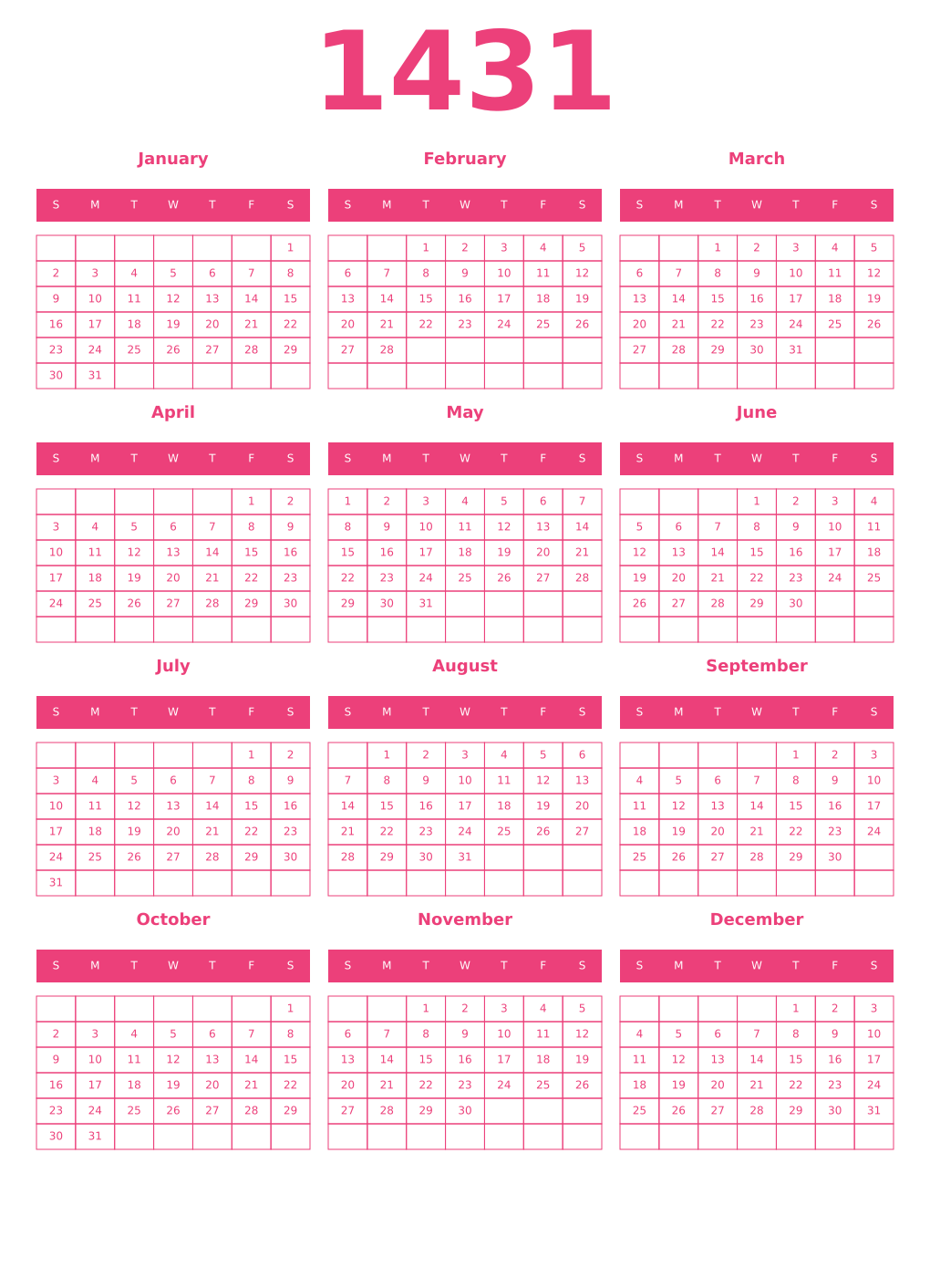 Printable 1431 Year Calendars pink