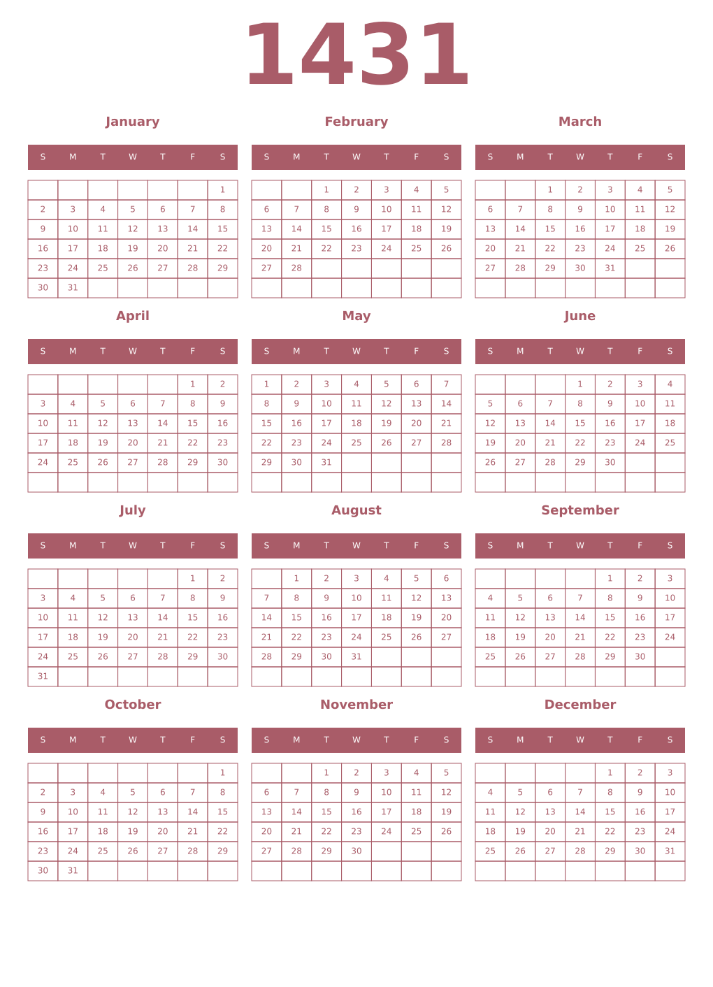 Printable 1431 Year Calendars puce