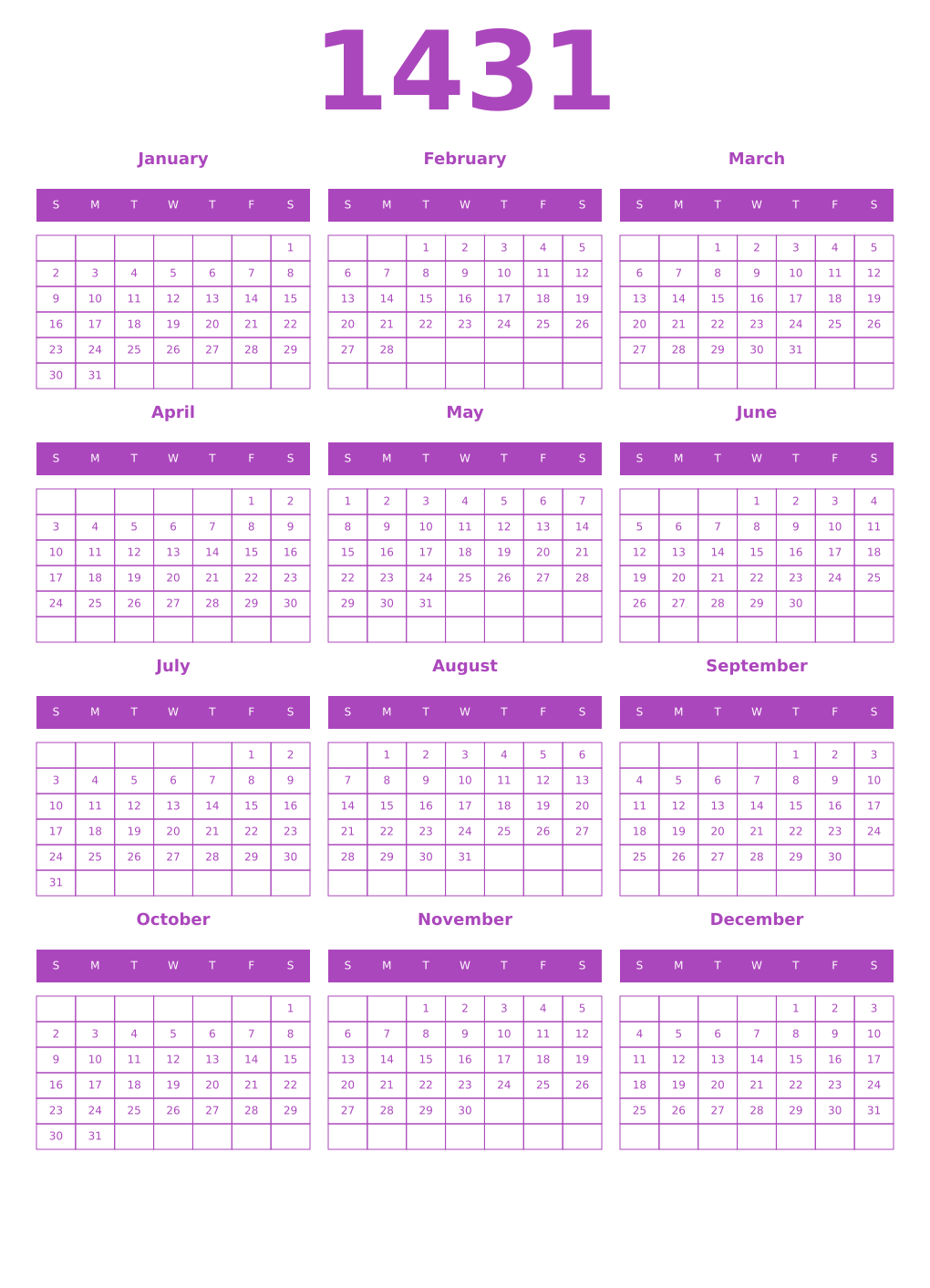 Printable 1431 Year Calendars purple