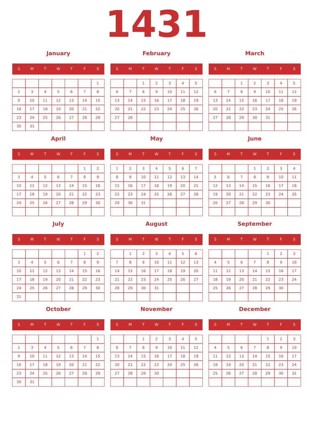 Printable 1431 Year Calendars red