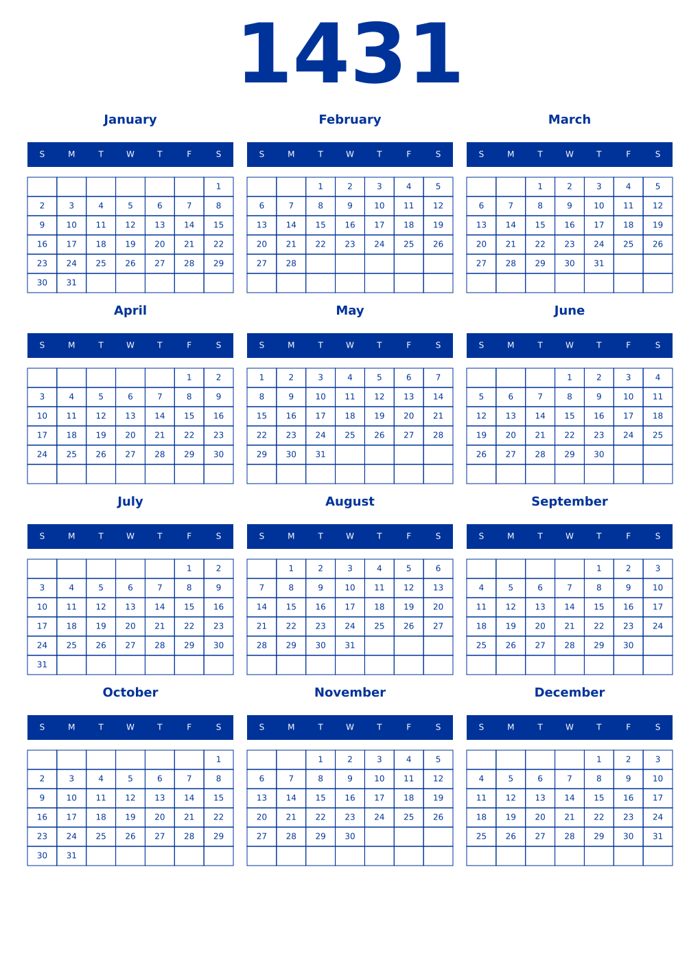 Printable 1431 Year Calendars smalt