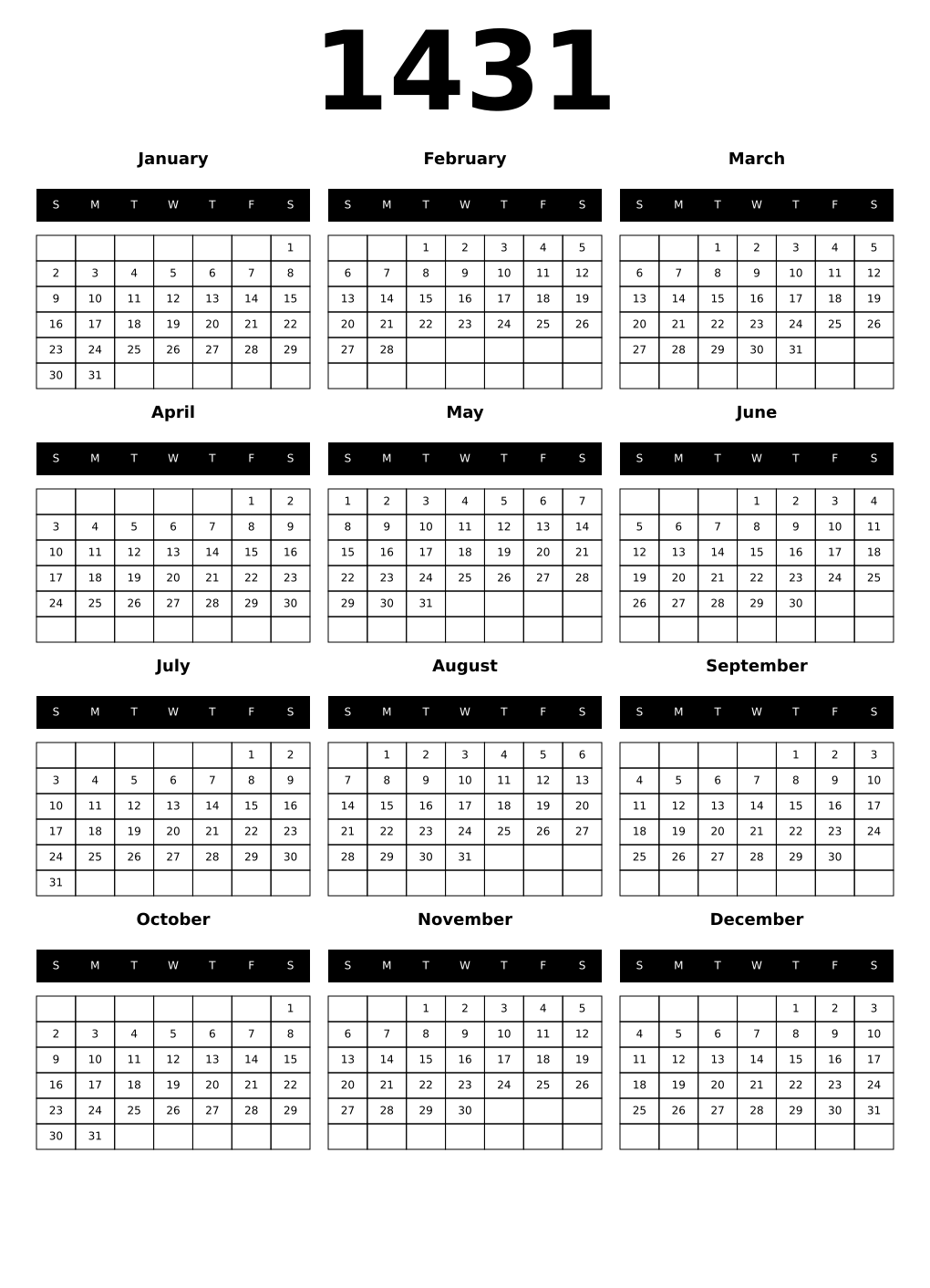 Printable 1431 Calendars
