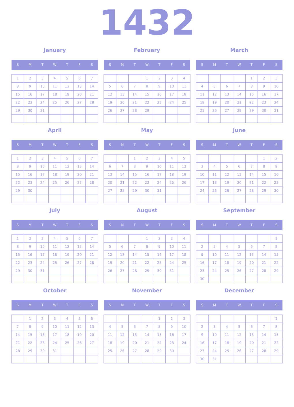 Printable 1432 Year Calendars periwinkle