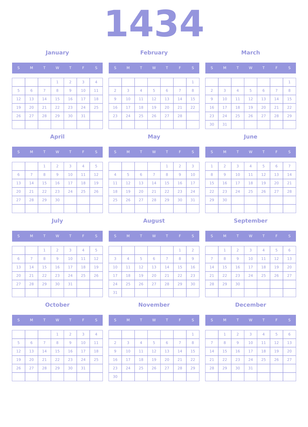 Printable 1434 Year Calendars periwinkle