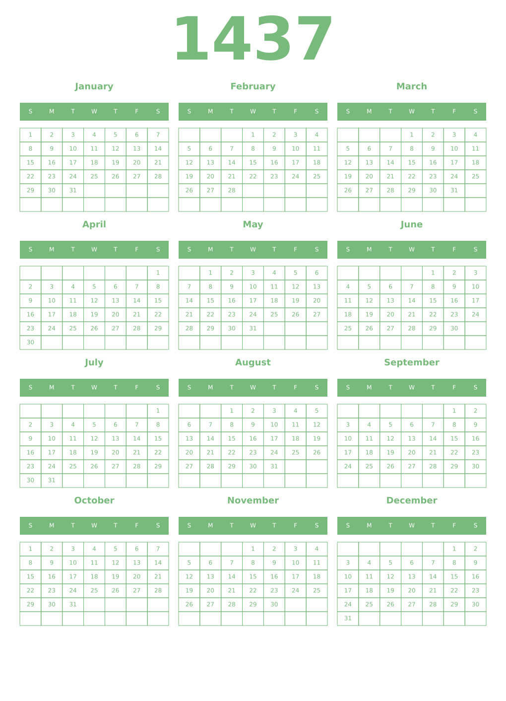 Printable 1437 Year Calendars celadon