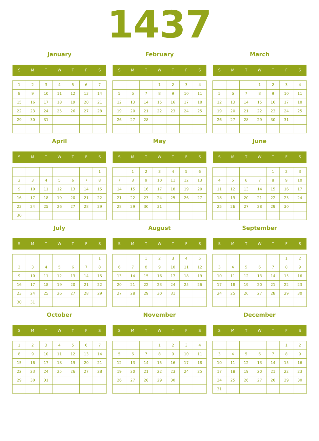 Printable 1437 Year Calendars chartreuse
