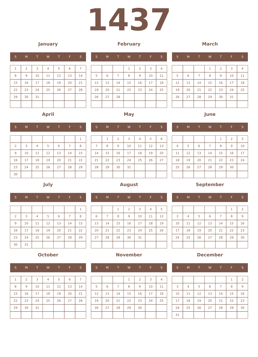 Printable 1437 Year Calendars coffe