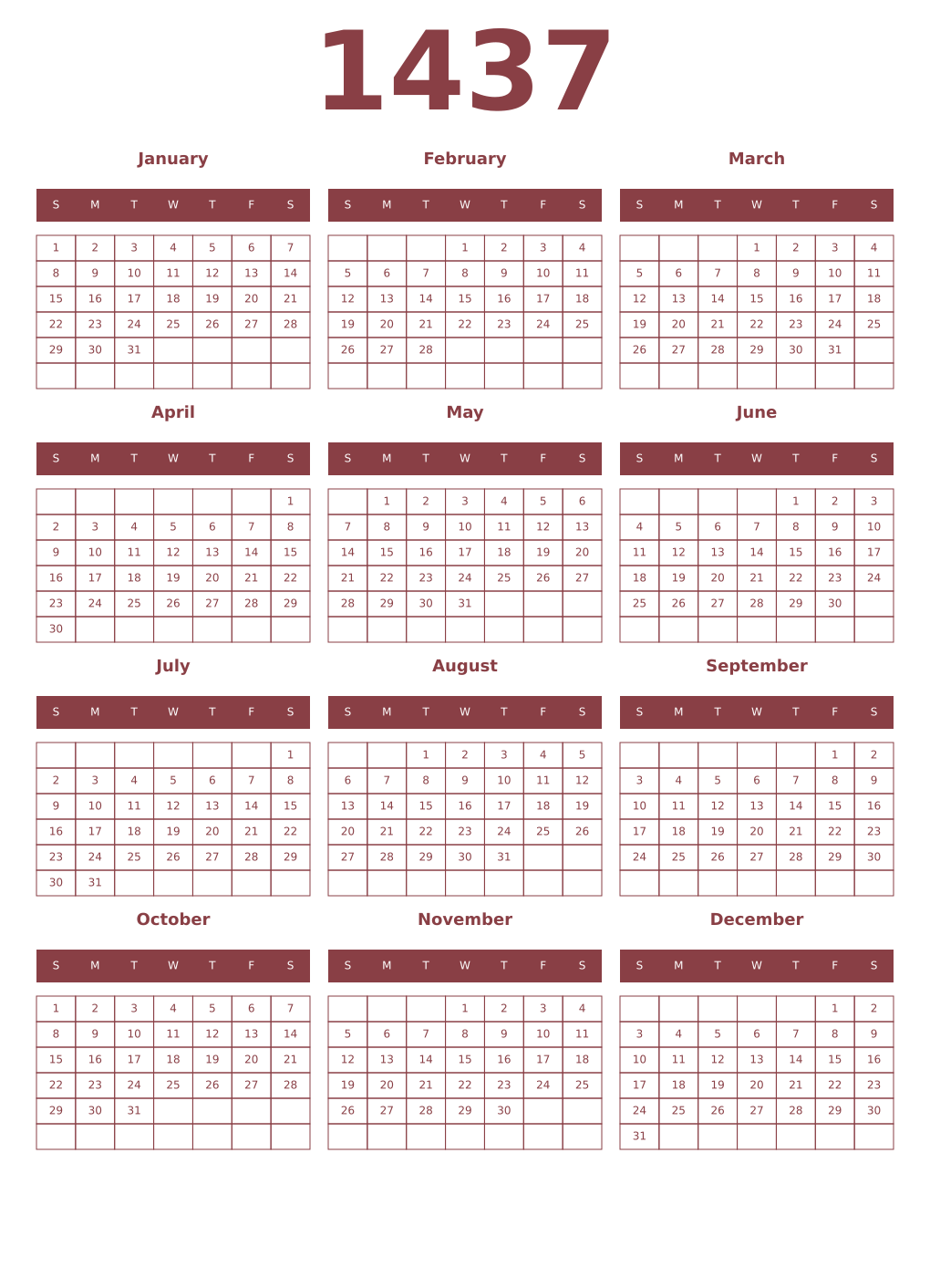 Printable 1437 Year Calendars cordovan