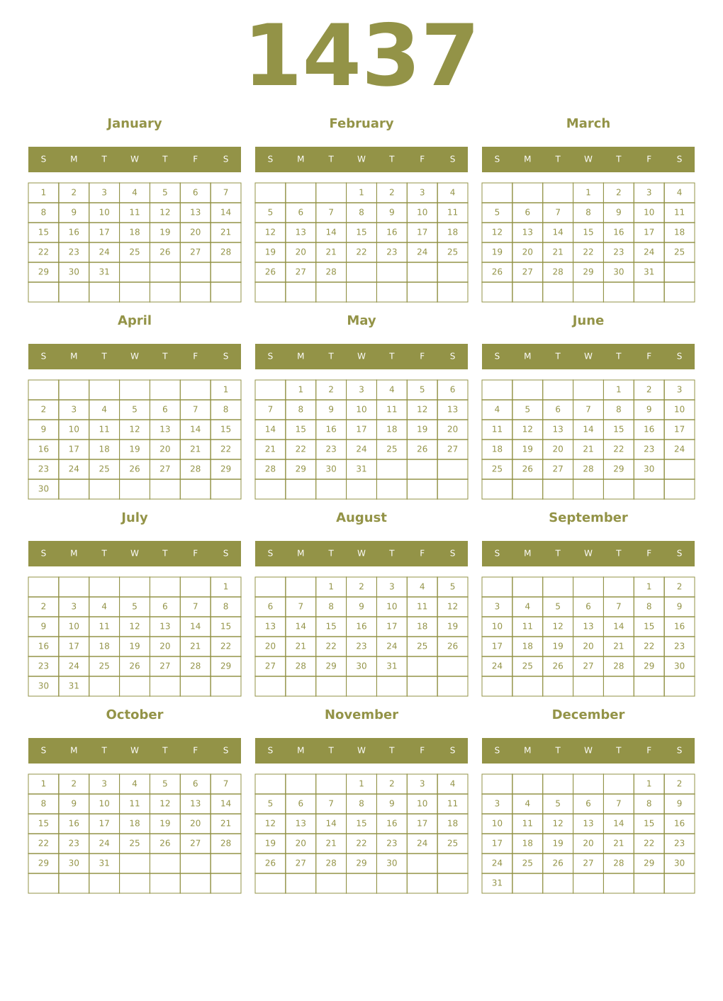 Printable 1437 Year Calendars eburnean