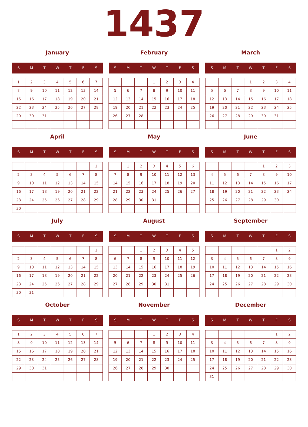 Printable 1437 Year Calendars falu