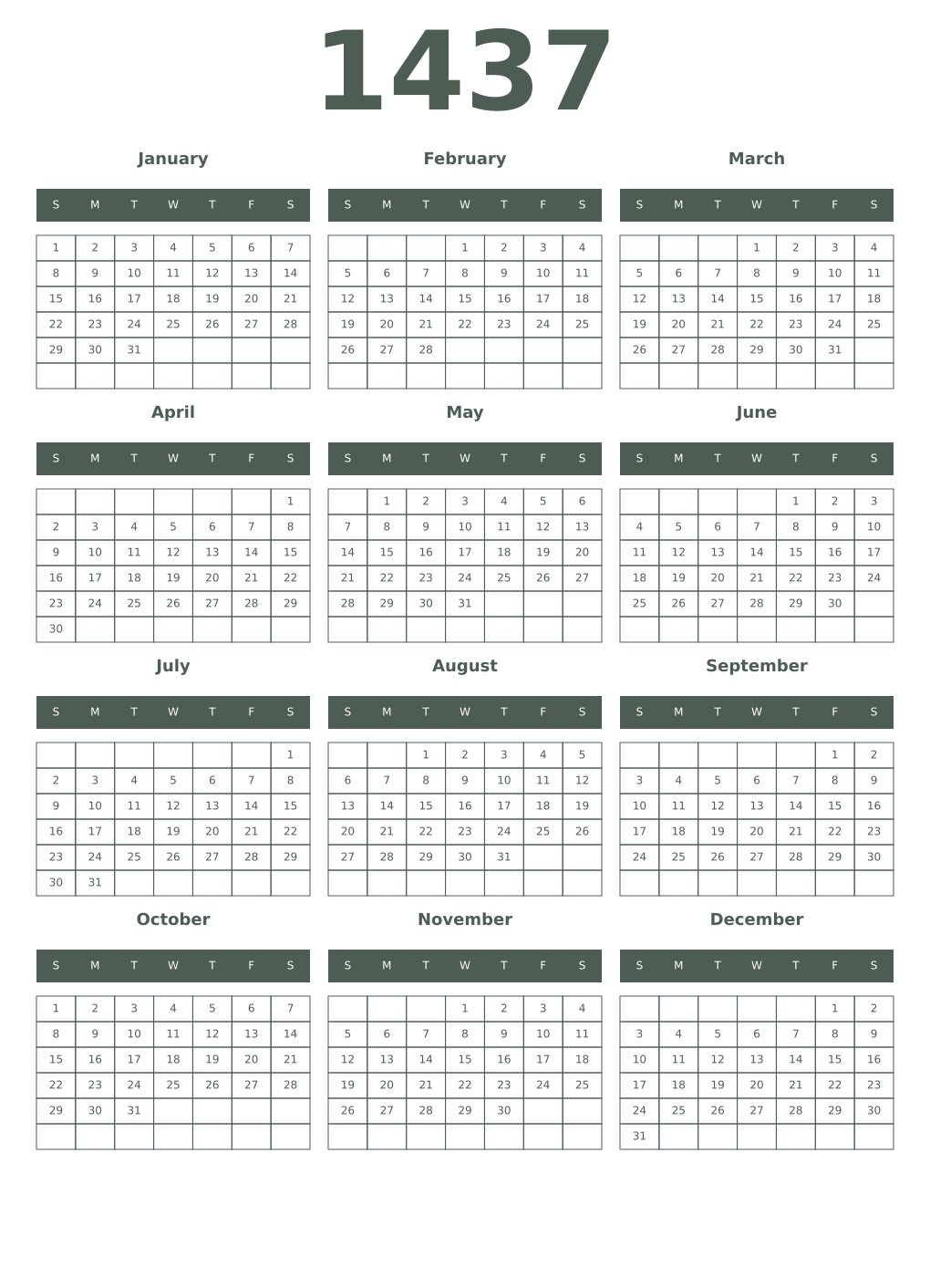Printable 1437 Year Calendars feldgrau