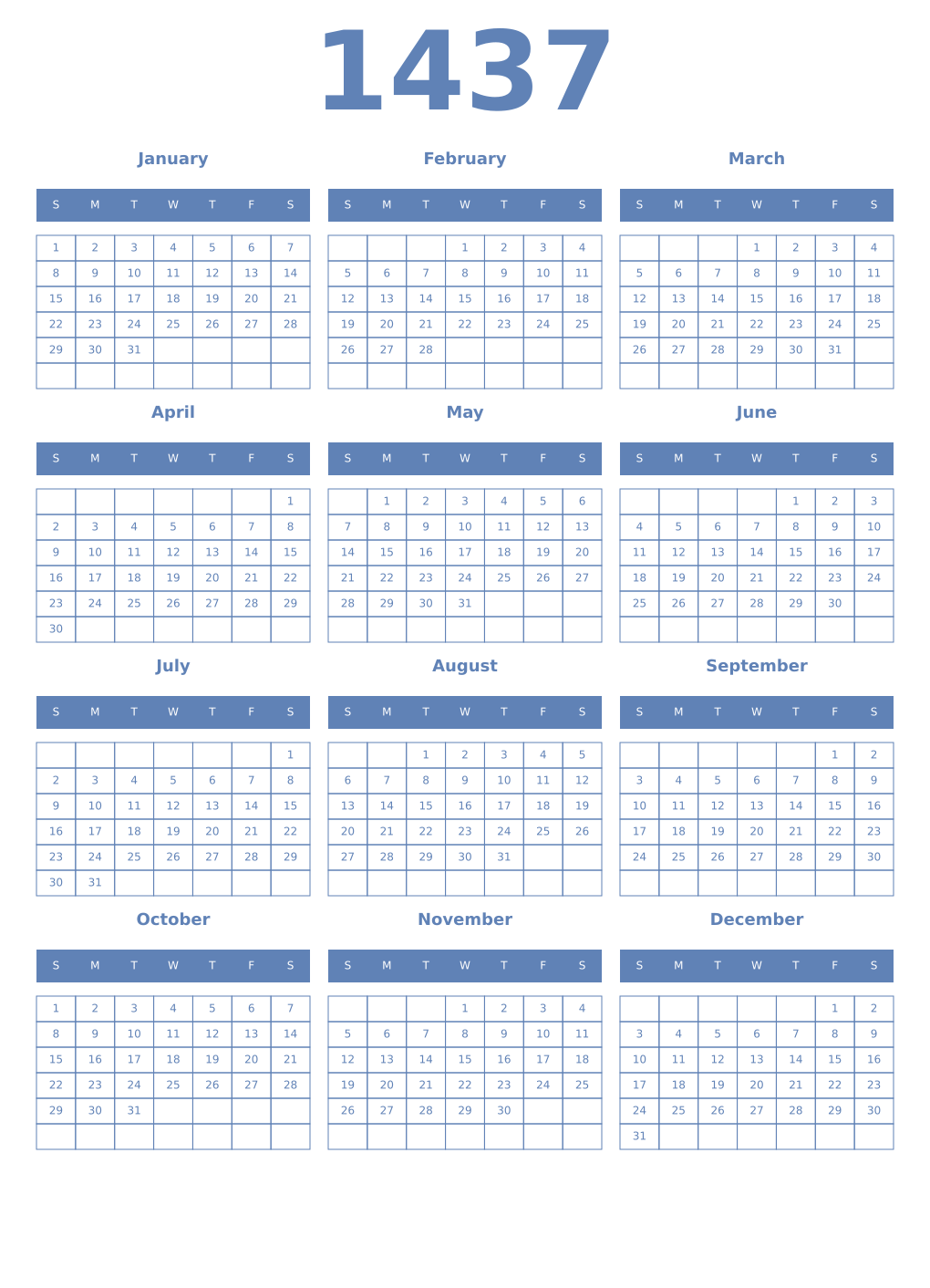 Printable 1437 Year Calendars glaucous