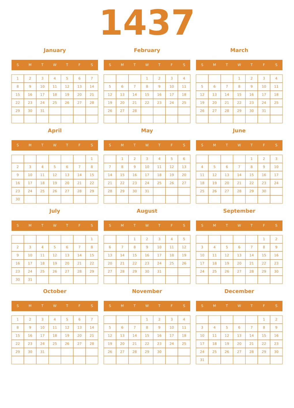 Printable 1437 Year Calendars orange
