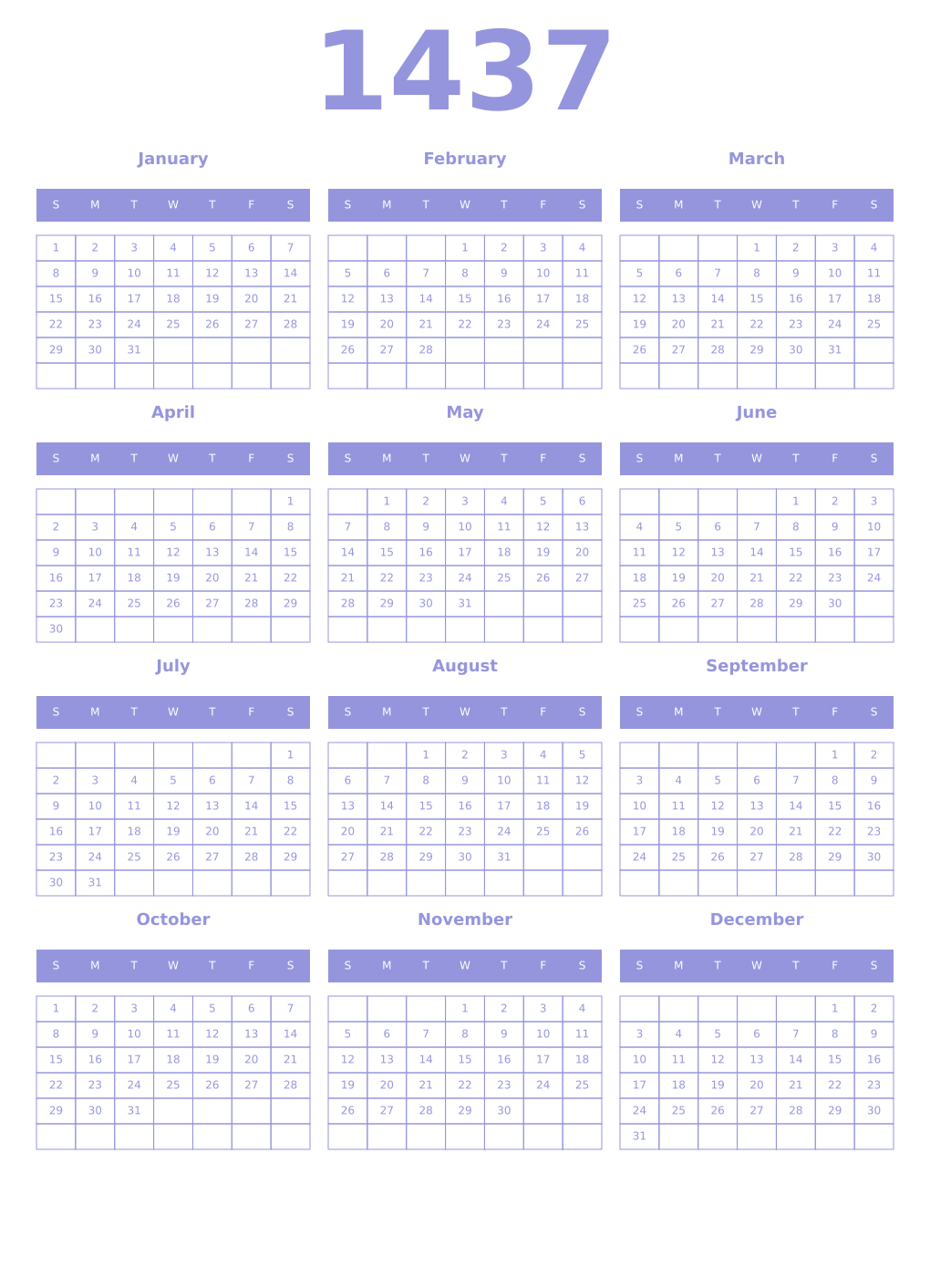 Printable 1437 Year Calendars periwinkle