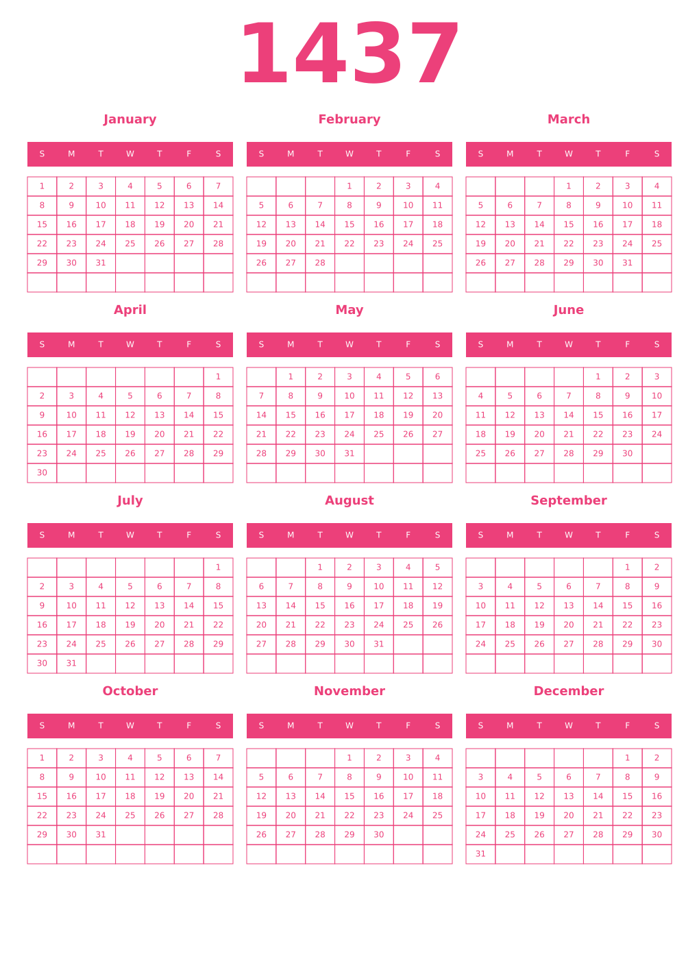 Printable 1437 Year Calendars pink