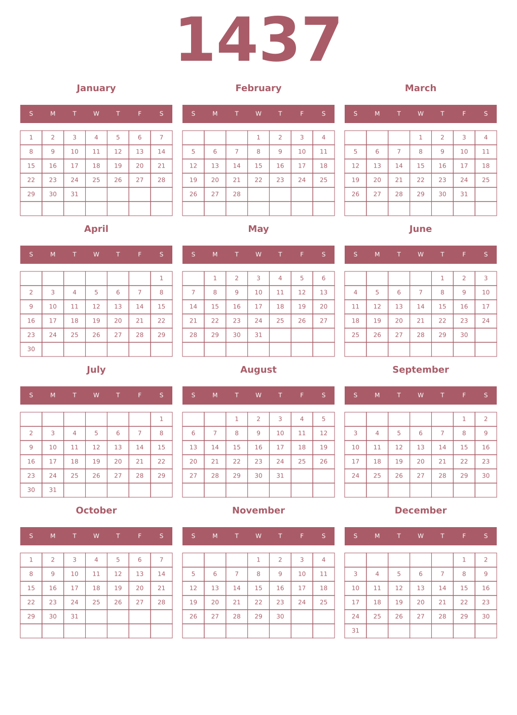Printable 1437 Year Calendars puce