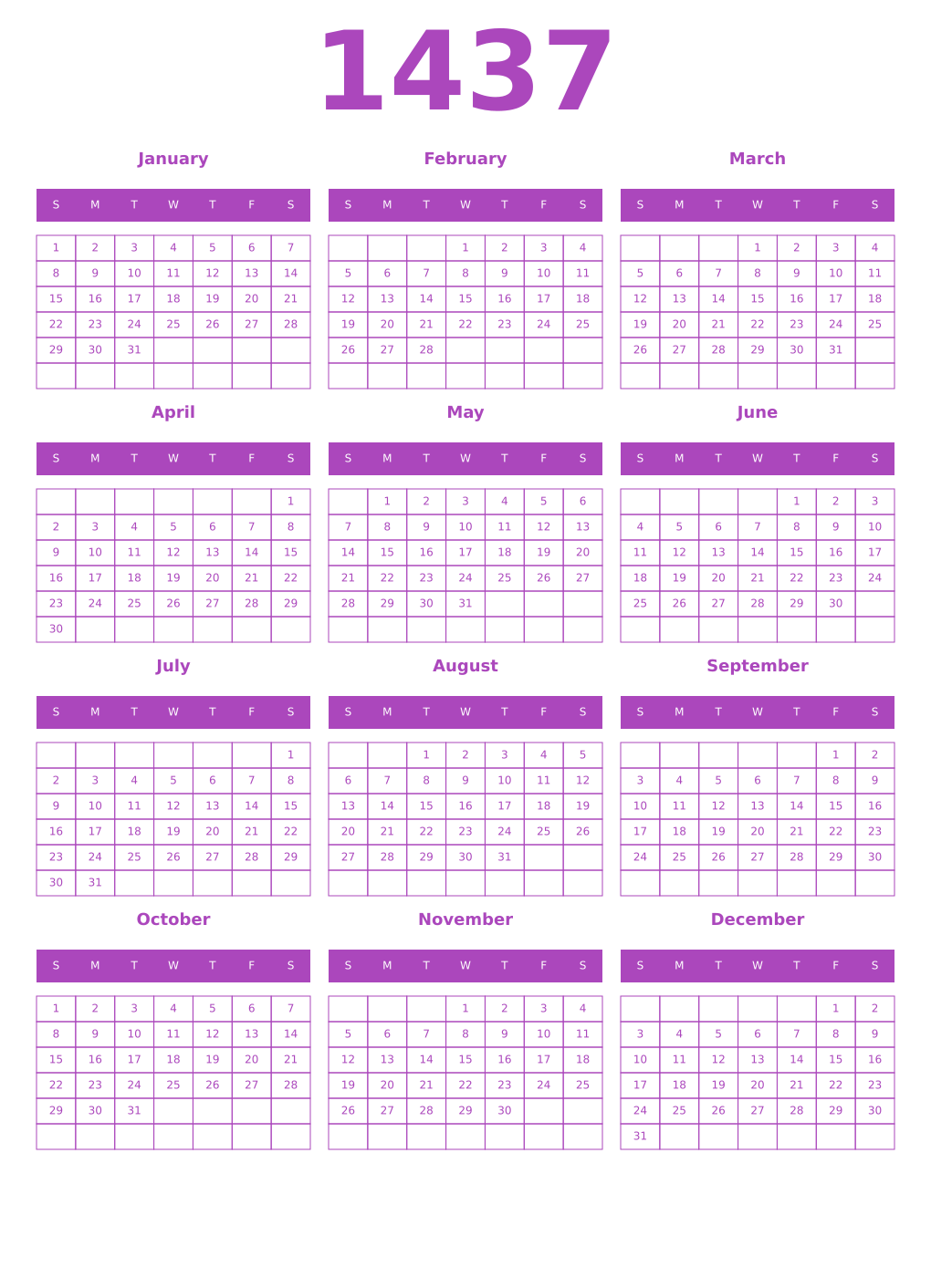 Printable 1437 Year Calendars purple