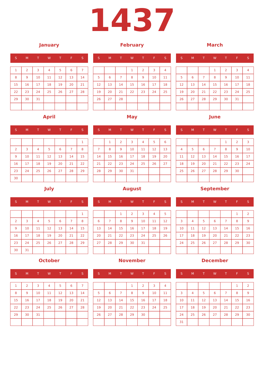 Printable 1437 Year Calendars red
