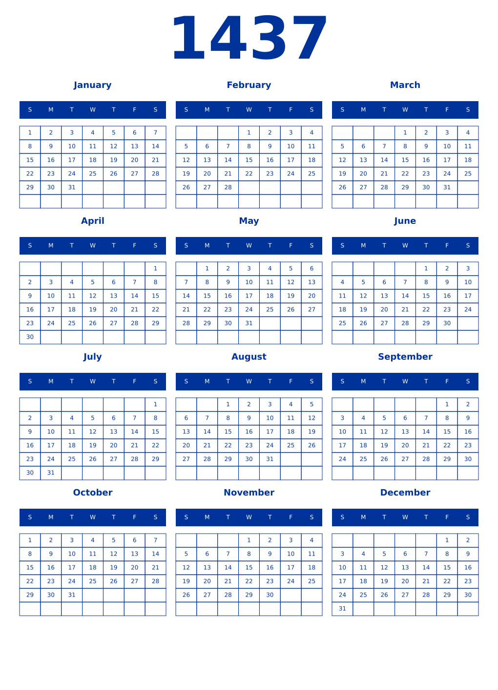 Printable 1437 Year Calendars smalt