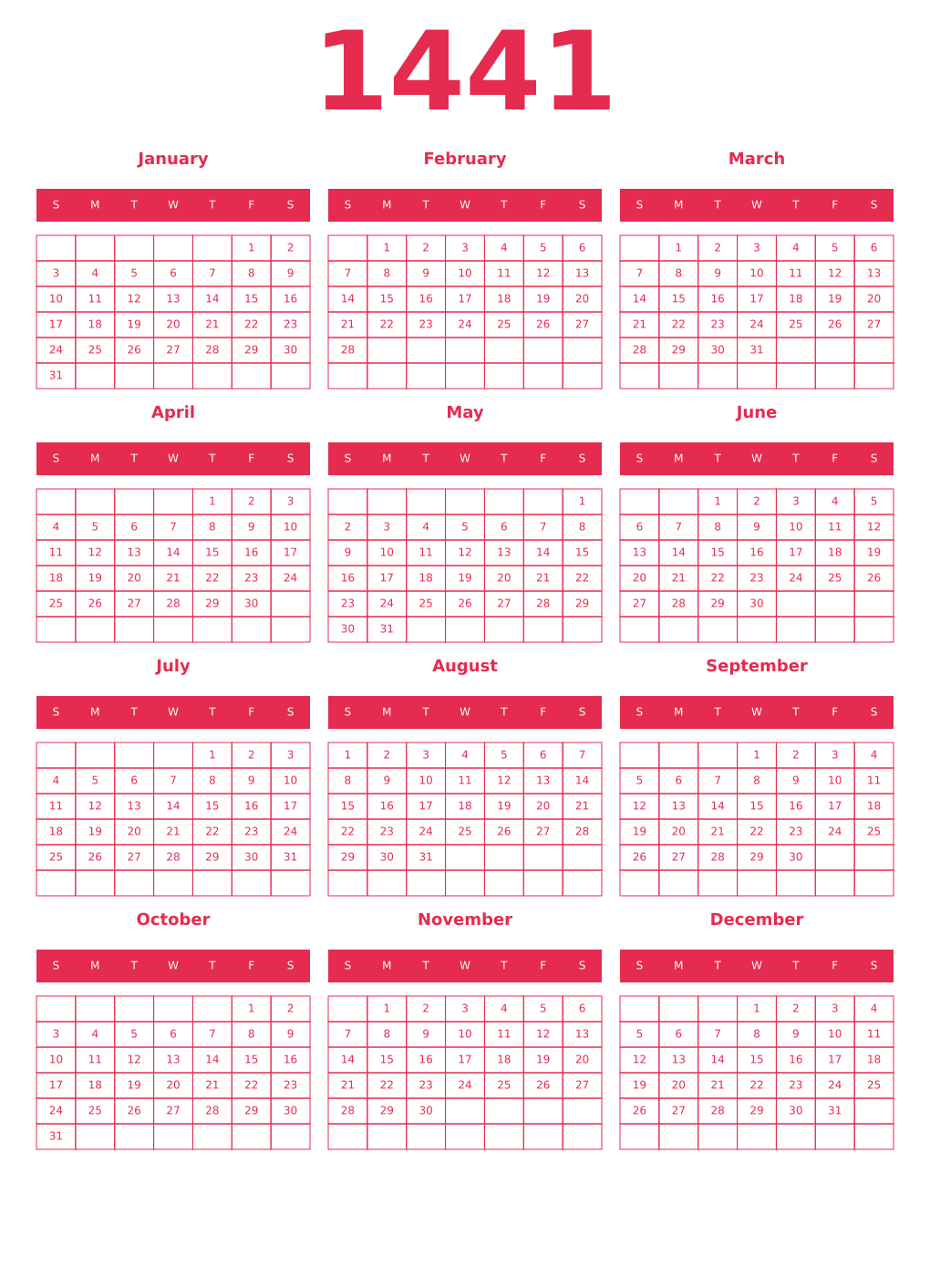 Printable 1441 Year Calendars amaranth