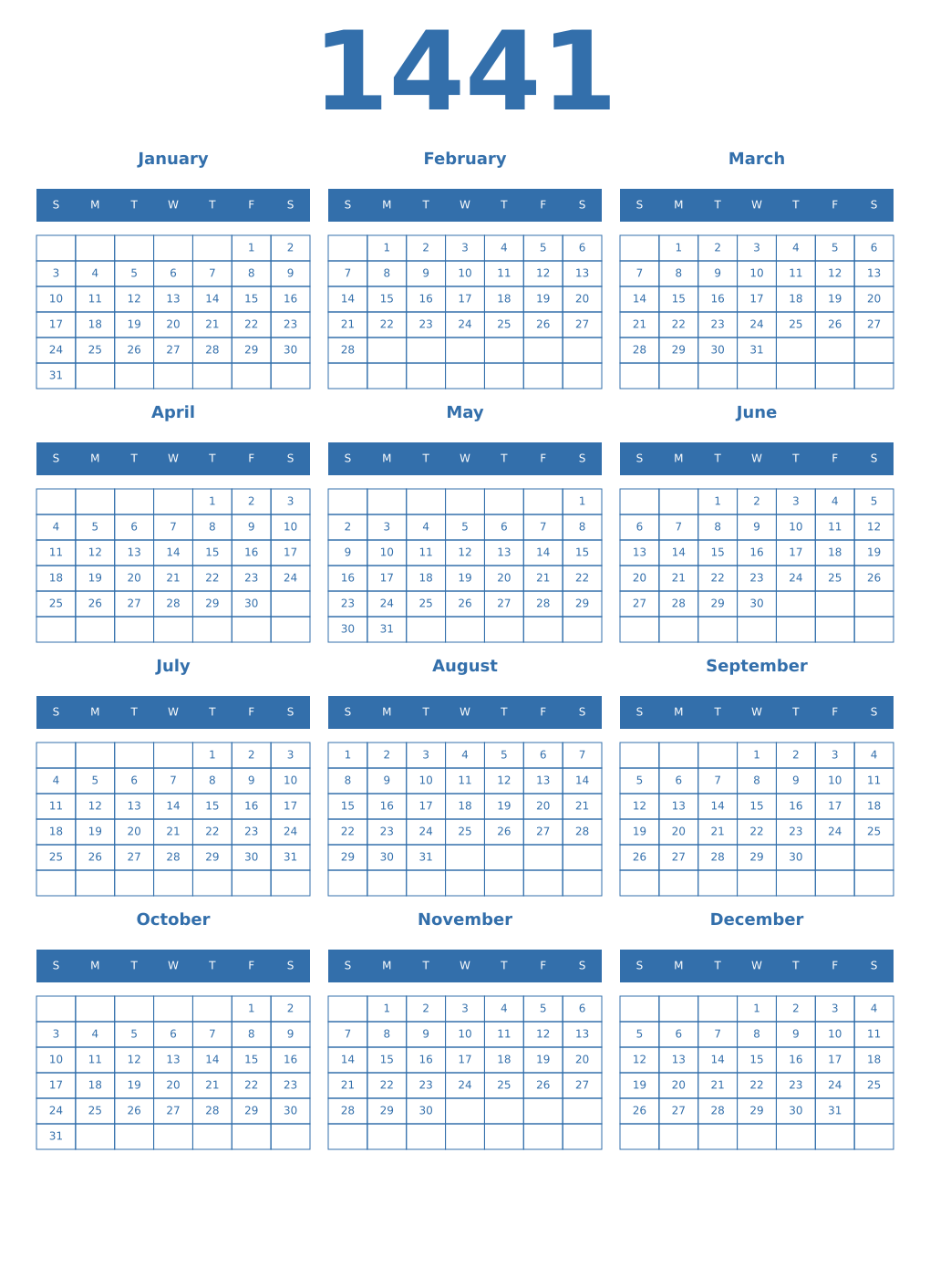 Printable 1441 Year Calendars blue