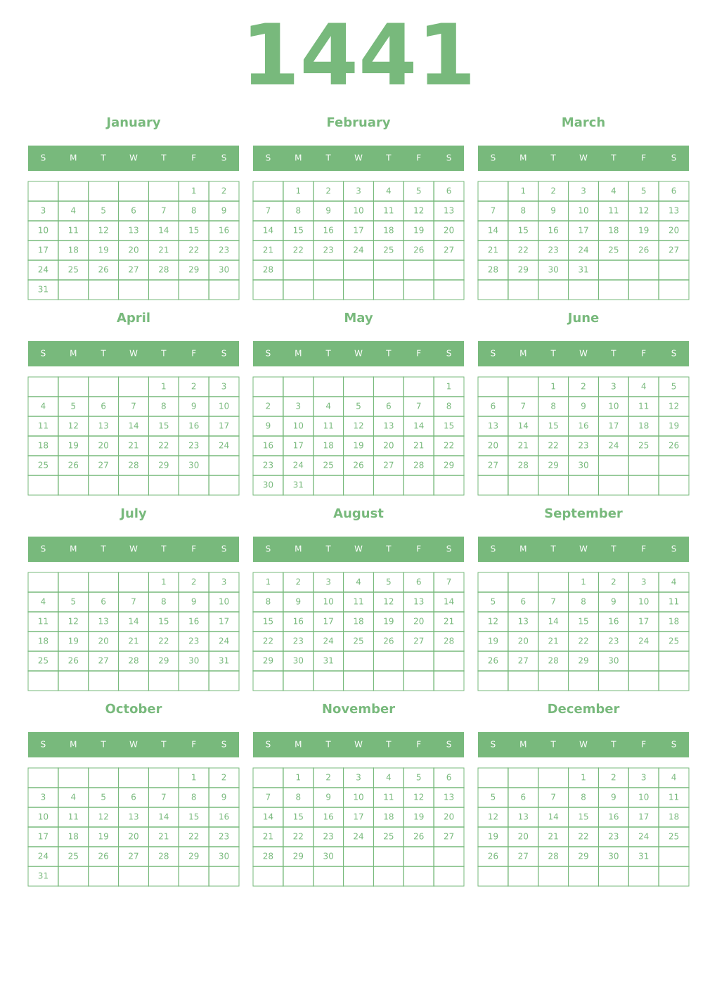 Printable 1441 Year Calendars celadon