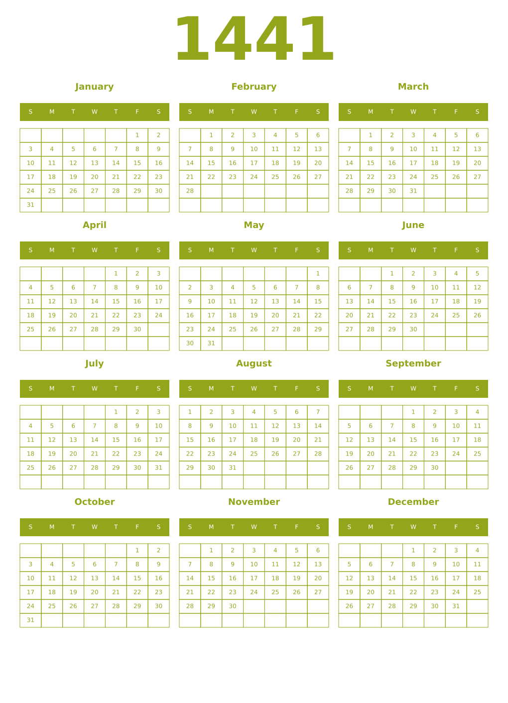 Printable 1441 Year Calendars chartreuse