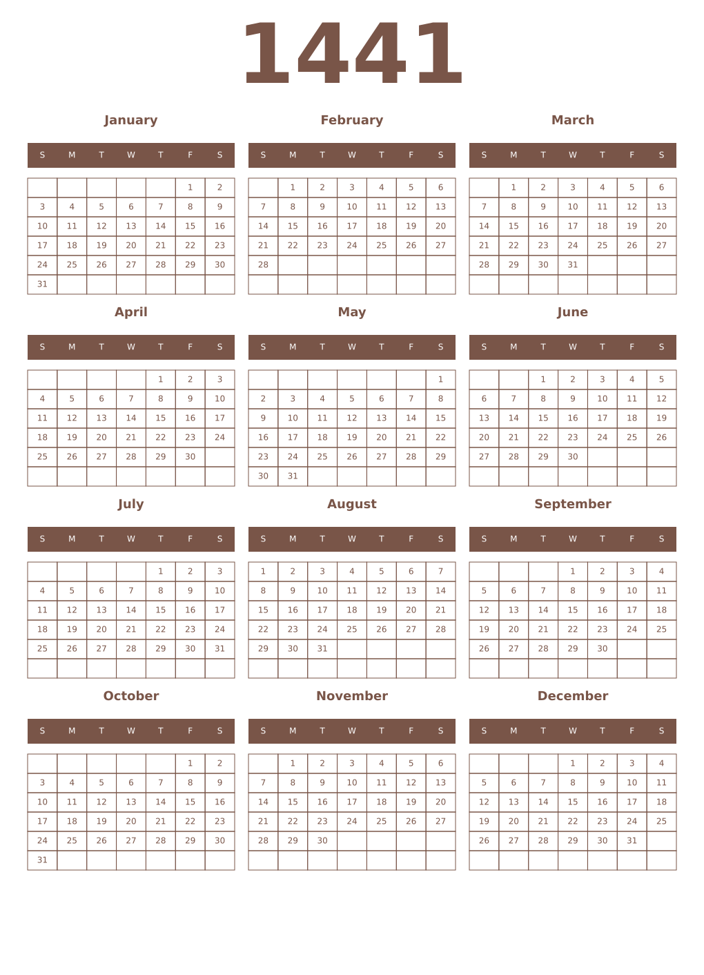 Printable 1441 Year Calendars coffe