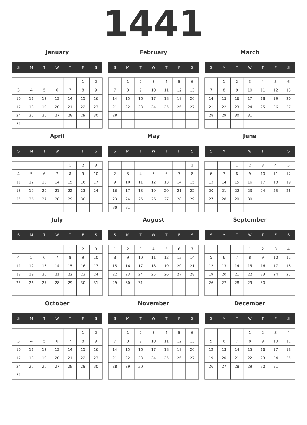 Printable 1441 Year Calendars dark